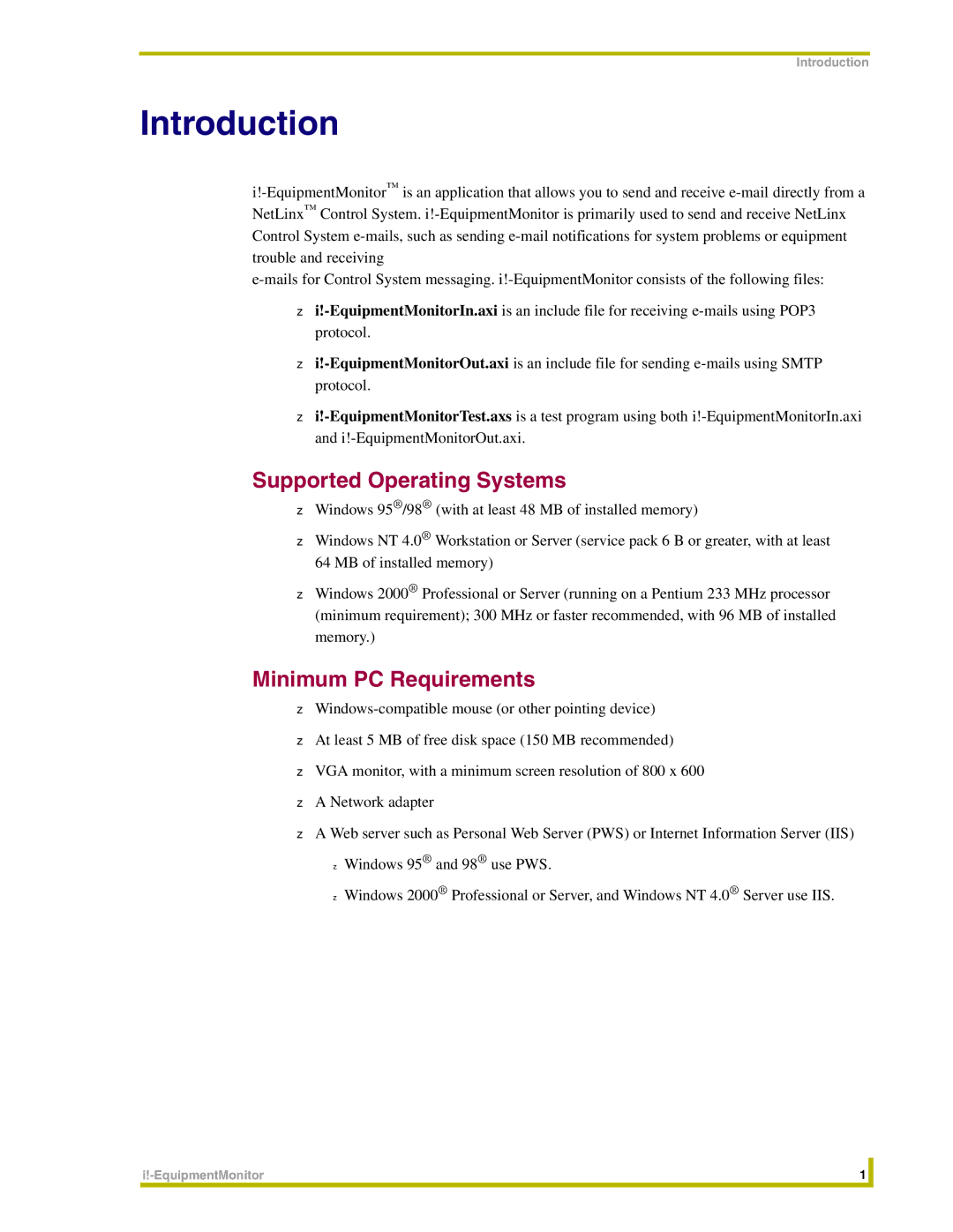 AMX i!-EquipmentMonitor instruction manual Supported Operating Systems, Minimum PC Requirements 