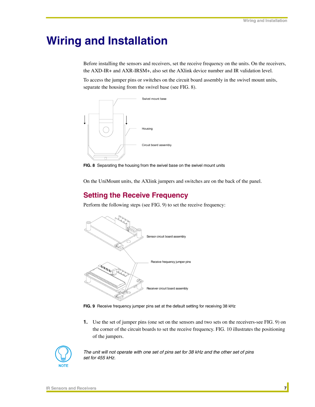 AMX IR instruction manual Wiring and Installation, Setting the Receive Frequency 