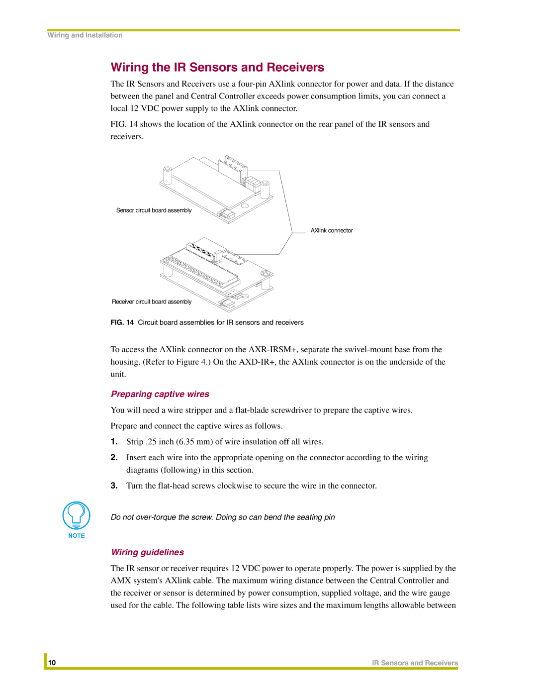 AMX instruction manual Wiring the IR Sensors and Receivers, Preparing captive wires, Wiring guidelines 