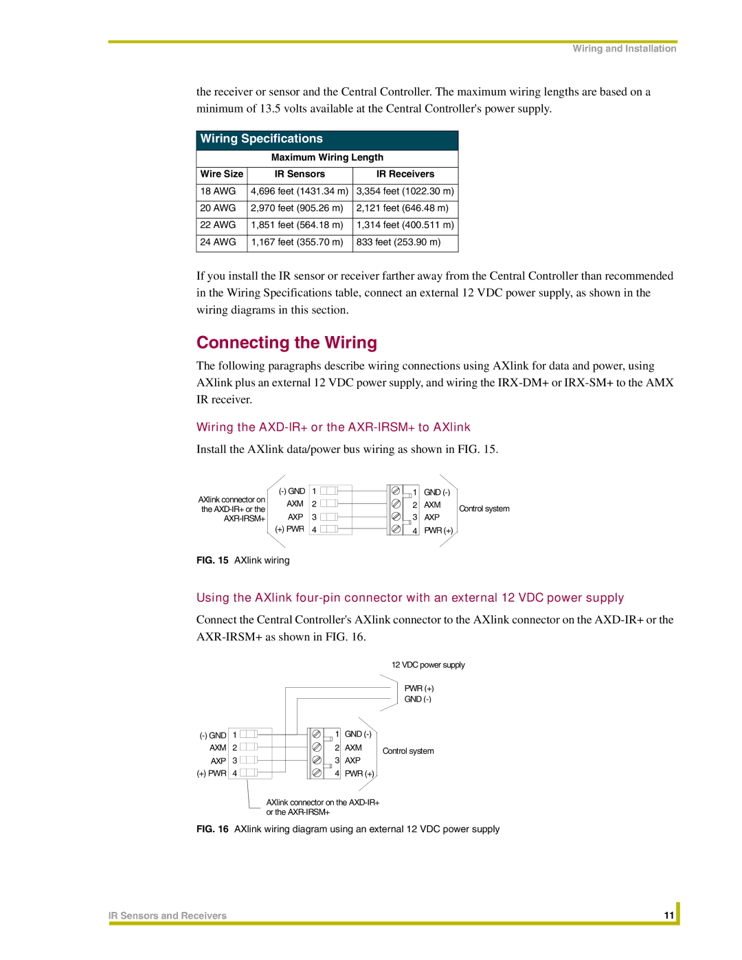 AMX instruction manual Connecting the Wiring, Wiring Specifications, Wiring the AXD-IR+ or the AXR-IRSM+ to AXlink 