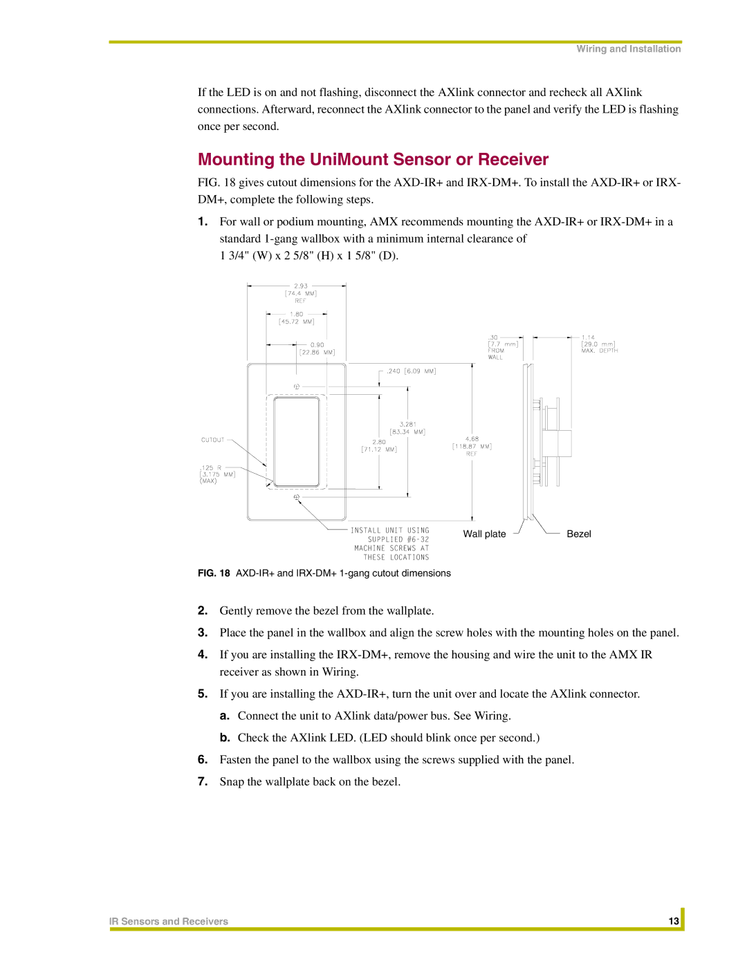 AMX instruction manual Mounting the UniMount Sensor or Receiver, AXD-IR+ and IRX-DM+ 1-gang cutout dimensions 