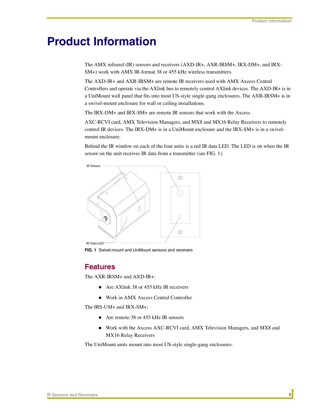 AMX IR instruction manual Product Information, Features 