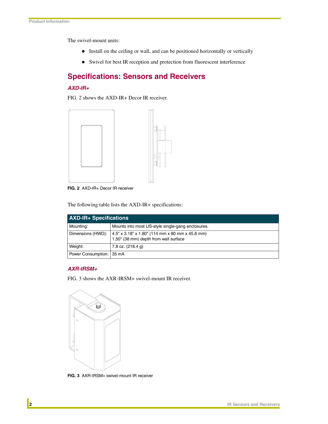 AMX instruction manual Specifications Sensors and Receivers, AXD-IR+ Specifications 