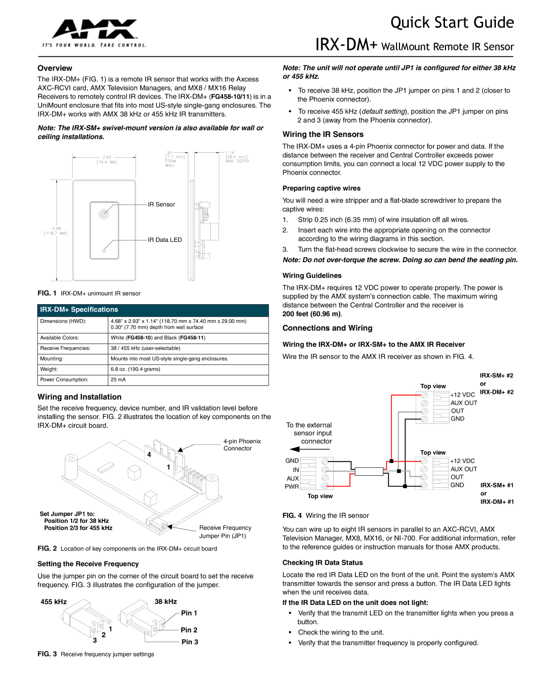 AMX IRX-DM+ quick start Overview, Wiring the IR Sensors, Connections and Wiring, Wiring and Installation 