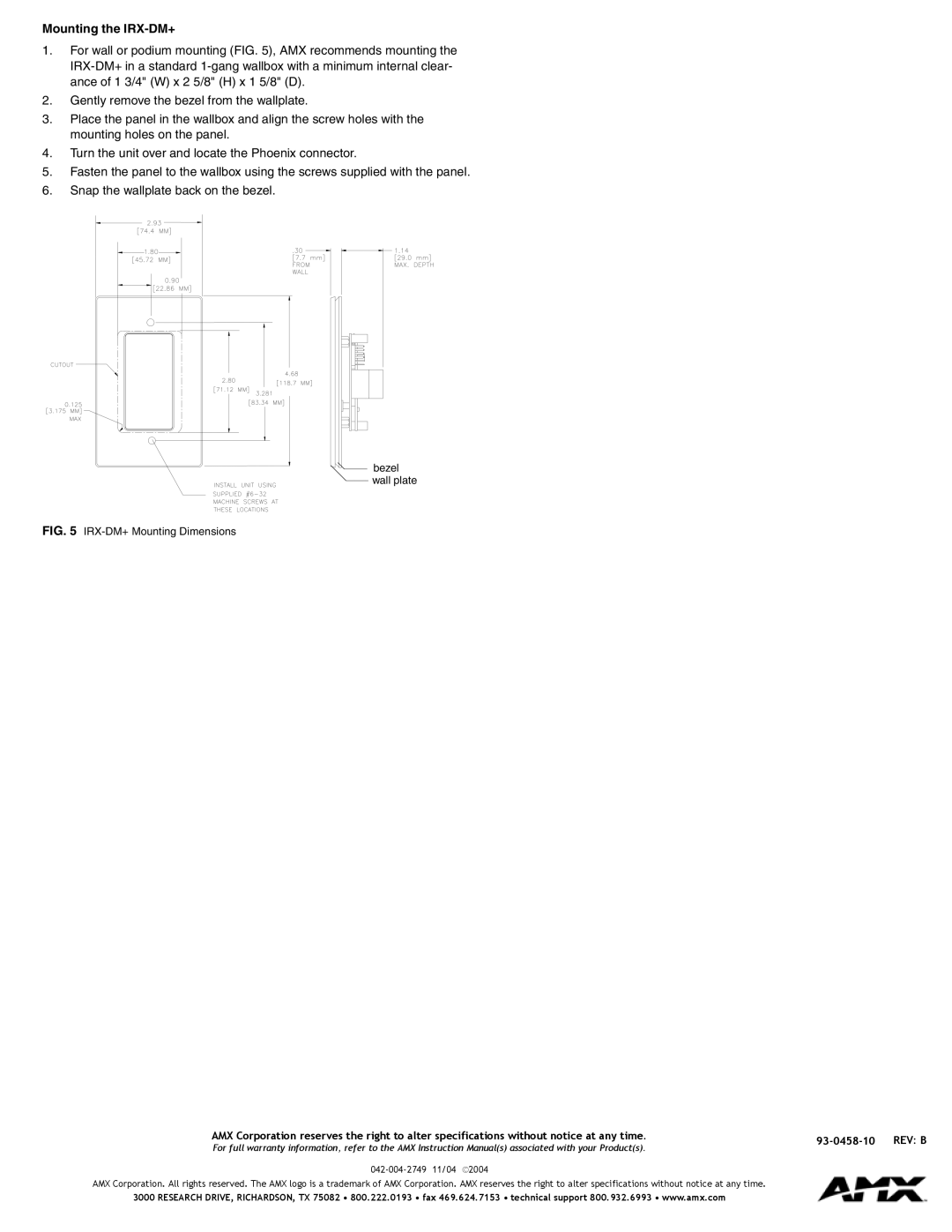 AMX quick start Mounting the IRX-DM+, 93-0458-10 