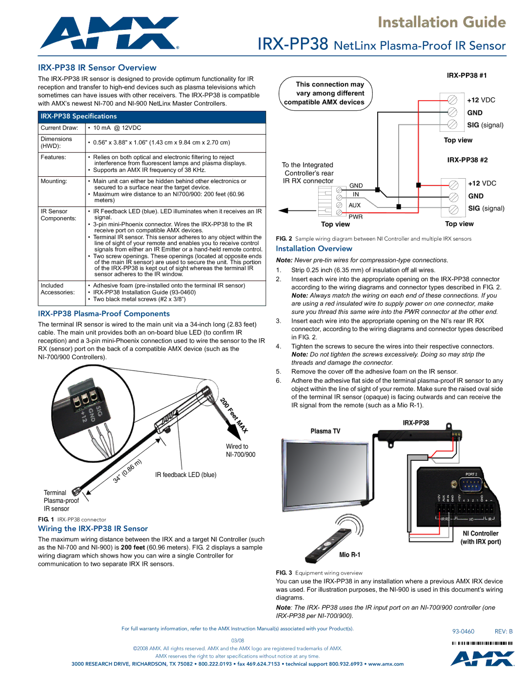 AMX warranty IRX-PP38 Plasma-Proof Components, Installation Overview, Wiring the IRX-PP38 IR Sensor 