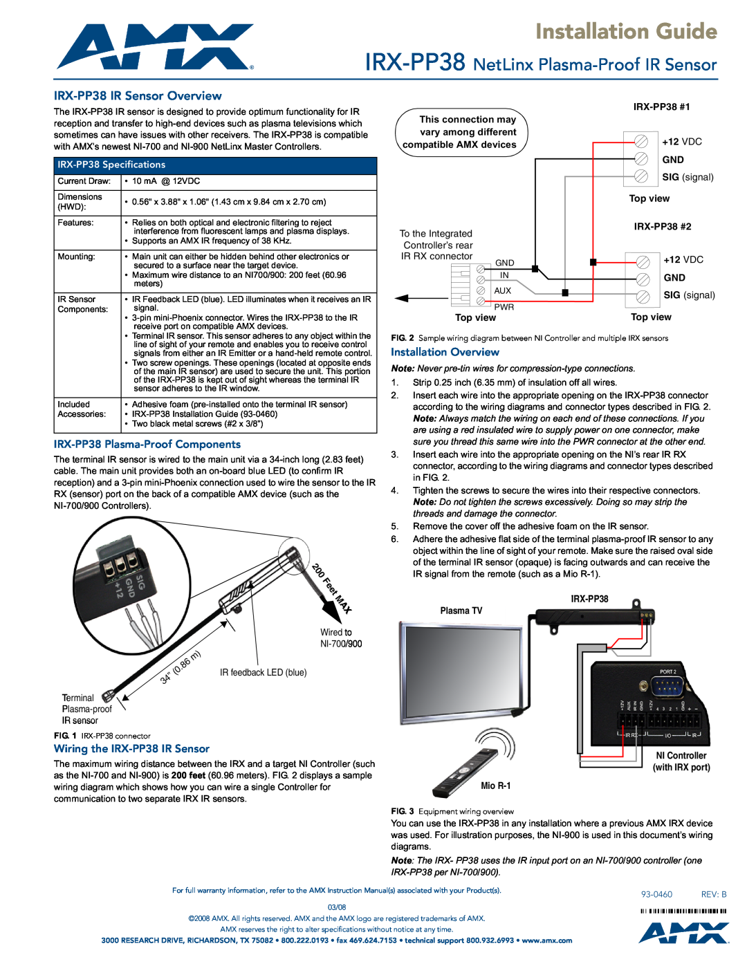 AMX warranty Installation Guide, IRX-PP38 NetLinx Plasma-ProofIR Sensor, 20 0 F e e t M A, IRX-PP38IR Sensor Overview 
