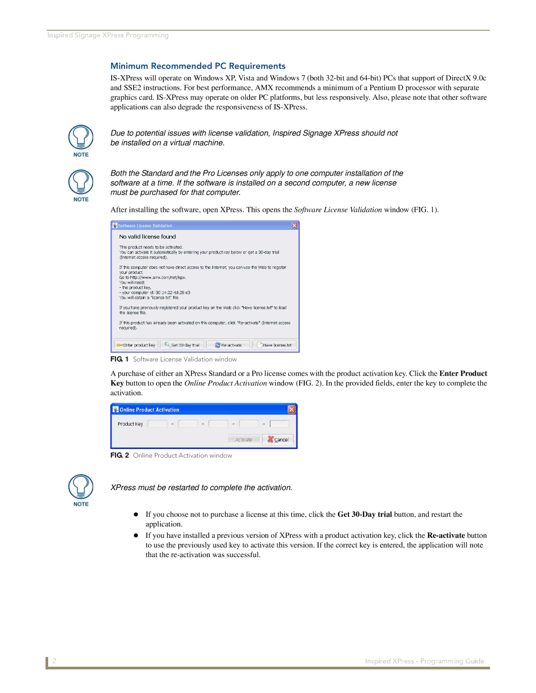 AMX IS-SPX-1000/1300 manual Minimum Recommended PC Requirements, XPress must be restarted to complete the activation 