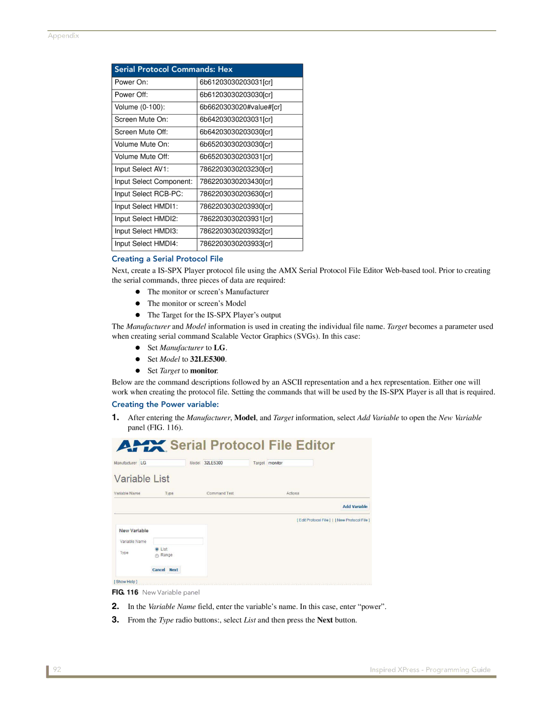 AMX IS-SPX-1000/1300 manual Serial Protocol Commands Hex, Creating a Serial Protocol File 