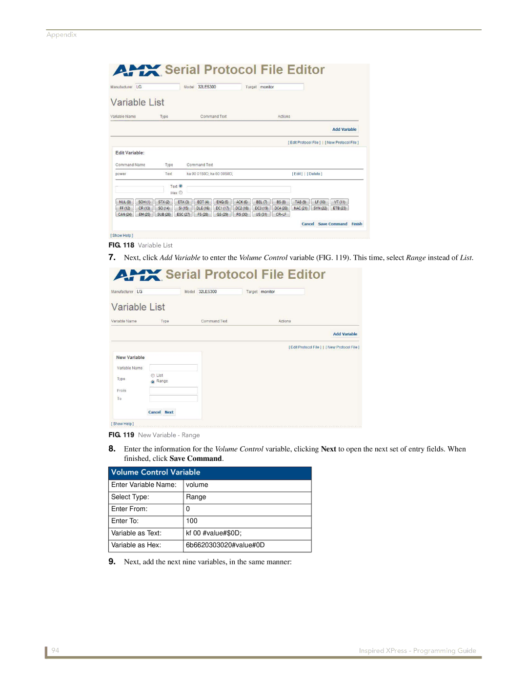 AMX IS-SPX-1000/1300 manual Volume Control Variable, Variable List 