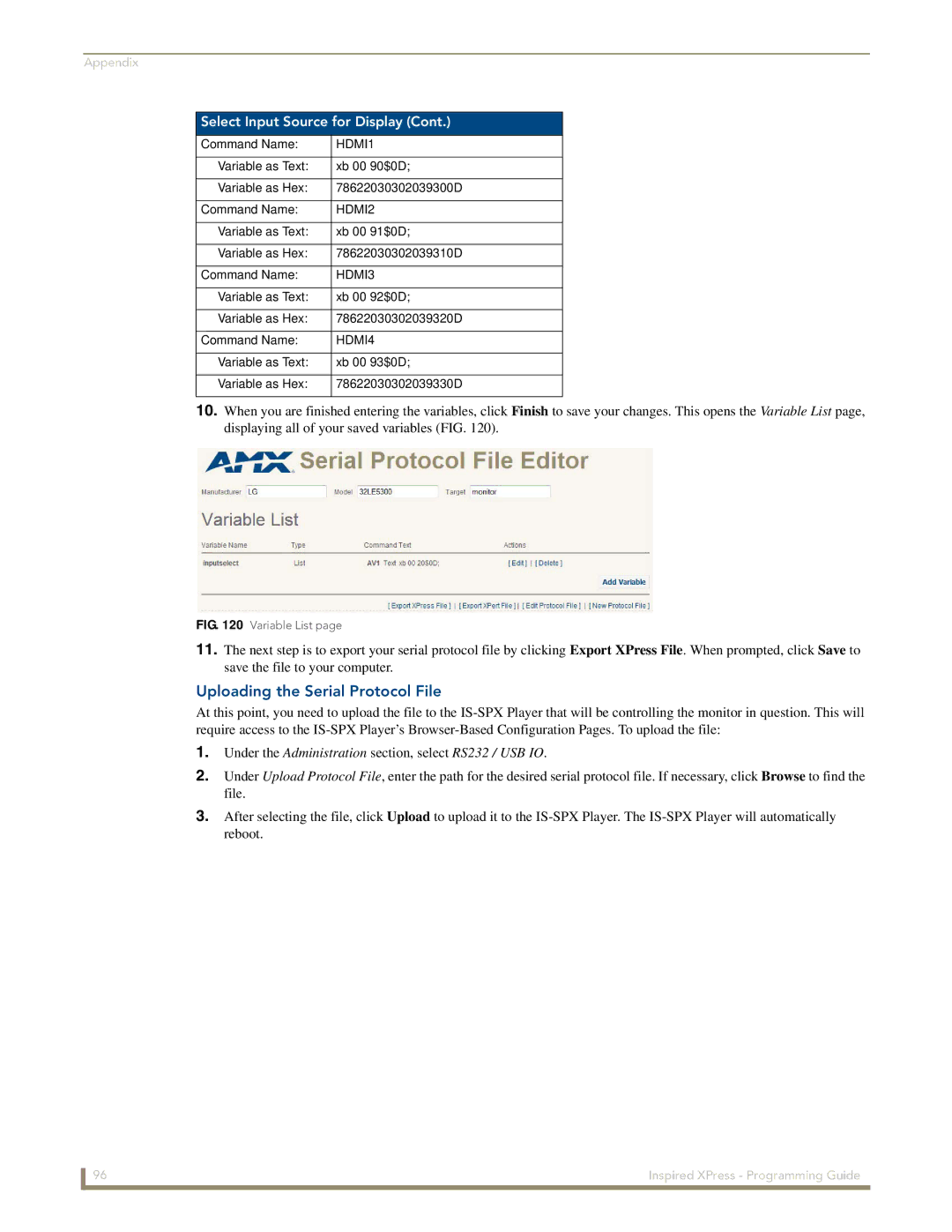 AMX IS-SPX-1000/1300 manual Uploading the Serial Protocol File, Under the Administration section, select RS232 / USB IO 