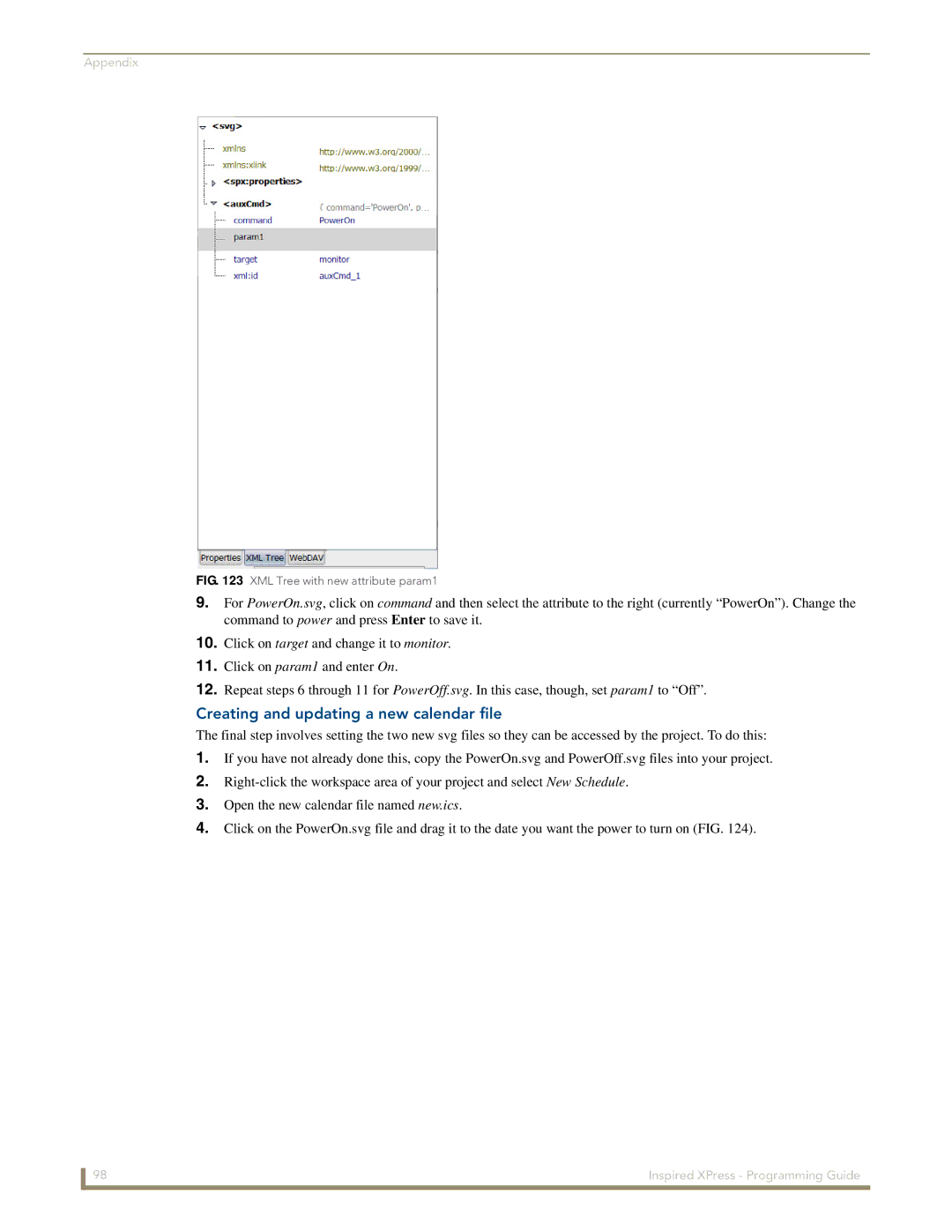 AMX IS-SPX-1000/1300 manual Creating and updating a new calendar file, XML Tree with new attribute param1 