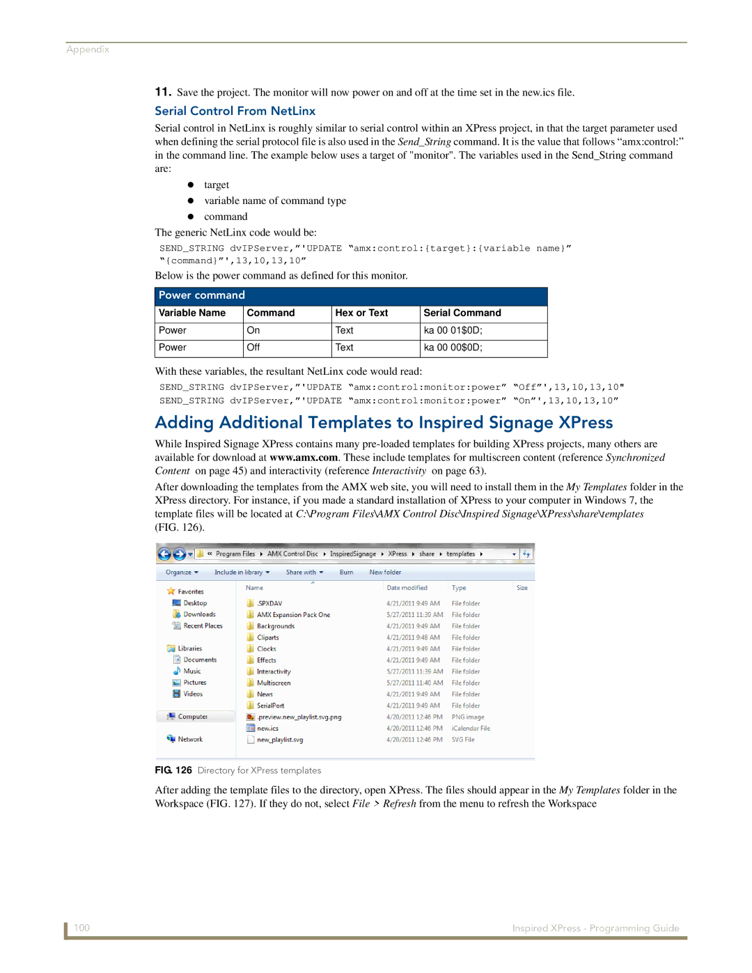 AMX IS-SPX-1000/1300 Adding Additional Templates to Inspired Signage XPress, Serial Control From NetLinx, Power command 