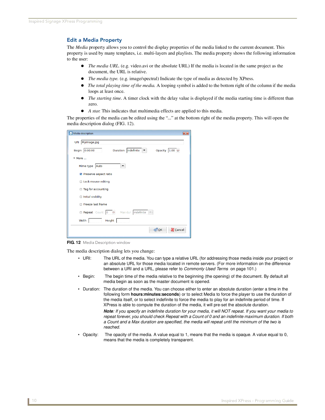 AMX IS-SPX-1000/1300 manual Edit a Media Property, Media description dialog lets you change 