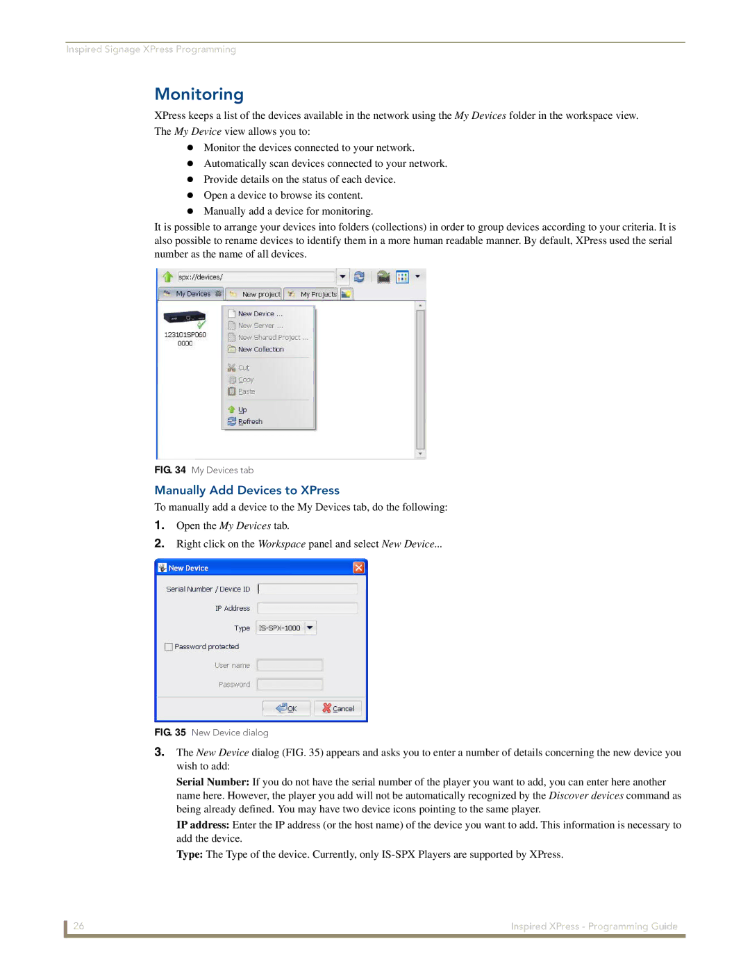 AMX IS-SPX-1000/1300 manual Monitoring, Manually Add Devices to XPress 