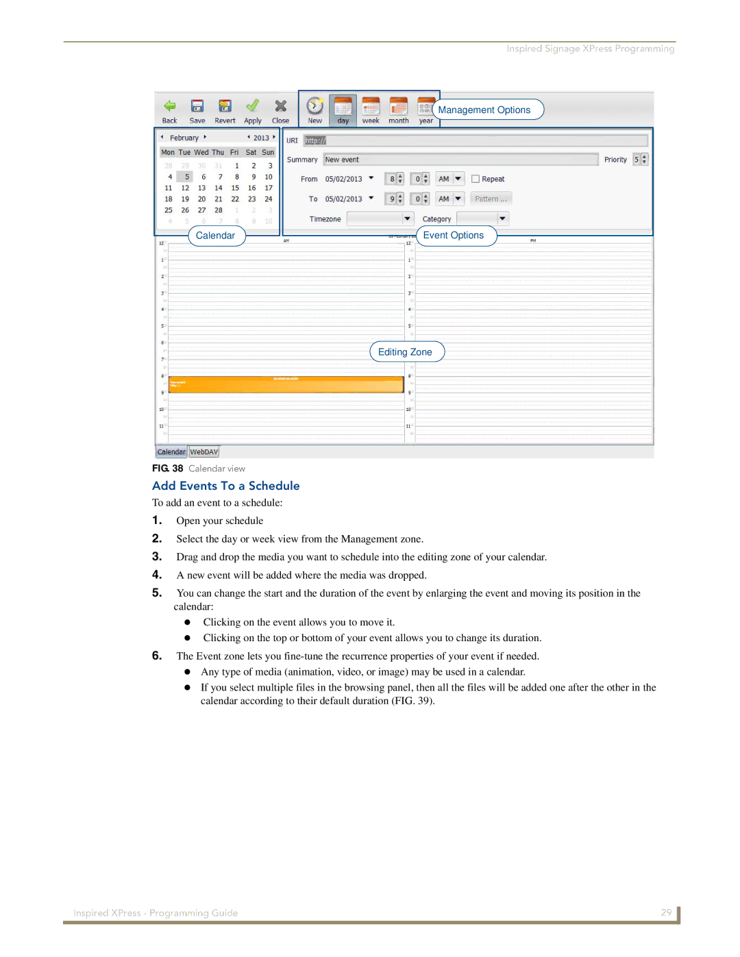 AMX IS-SPX-1000/1300 manual Add Events To a Schedule, Calendar view 