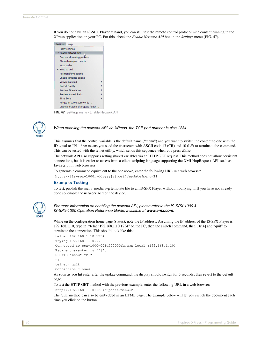 AMX IS-SPX-1000/1300 manual Example Testing, Settings menu Enable Network API 