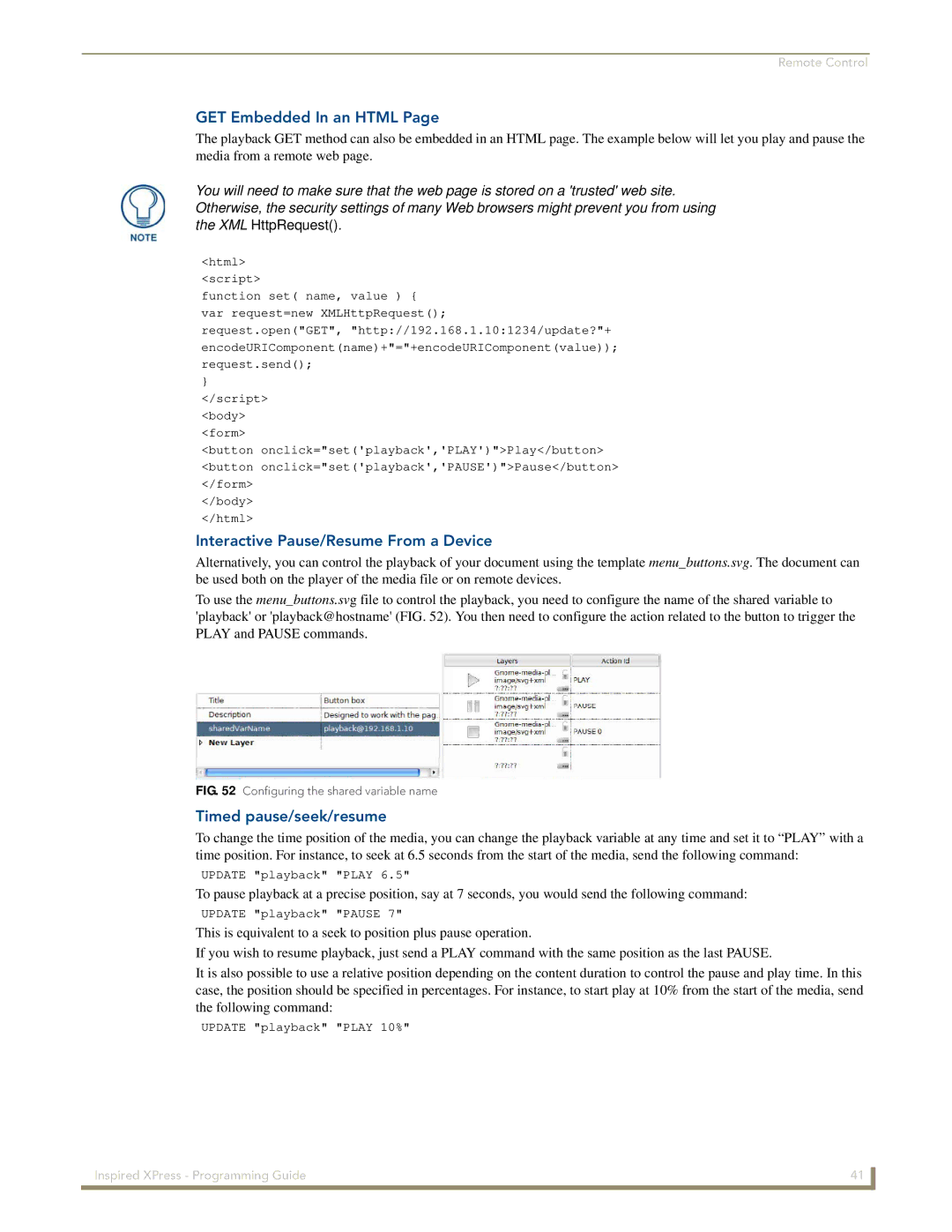 AMX IS-SPX-1000/1300 manual GET Embedded In an Html, Interactive Pause/Resume From a Device, Timed pause/seek/resume 