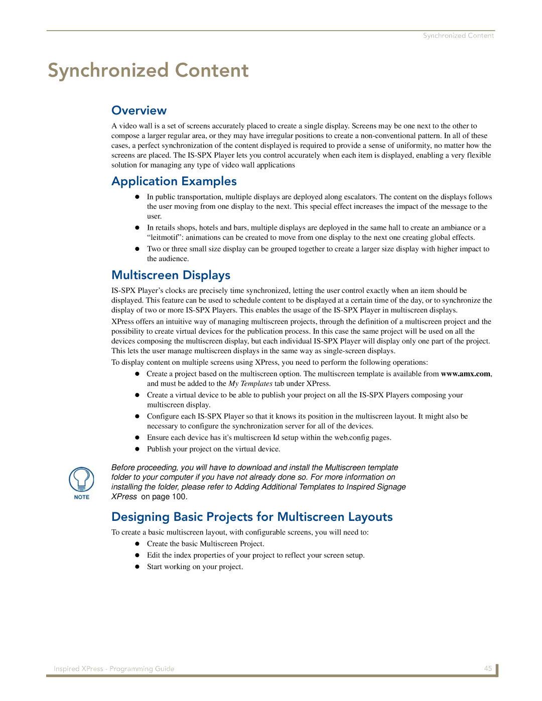 AMX IS-SPX-1000/1300 manual Application Examples, Multiscreen Displays, Designing Basic Projects for Multiscreen Layouts 