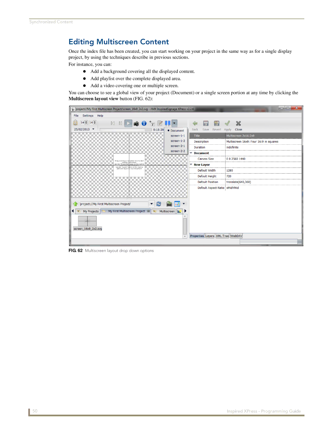 AMX IS-SPX-1000/1300 manual Editing Multiscreen Content, Multiscreen layout drop down options 