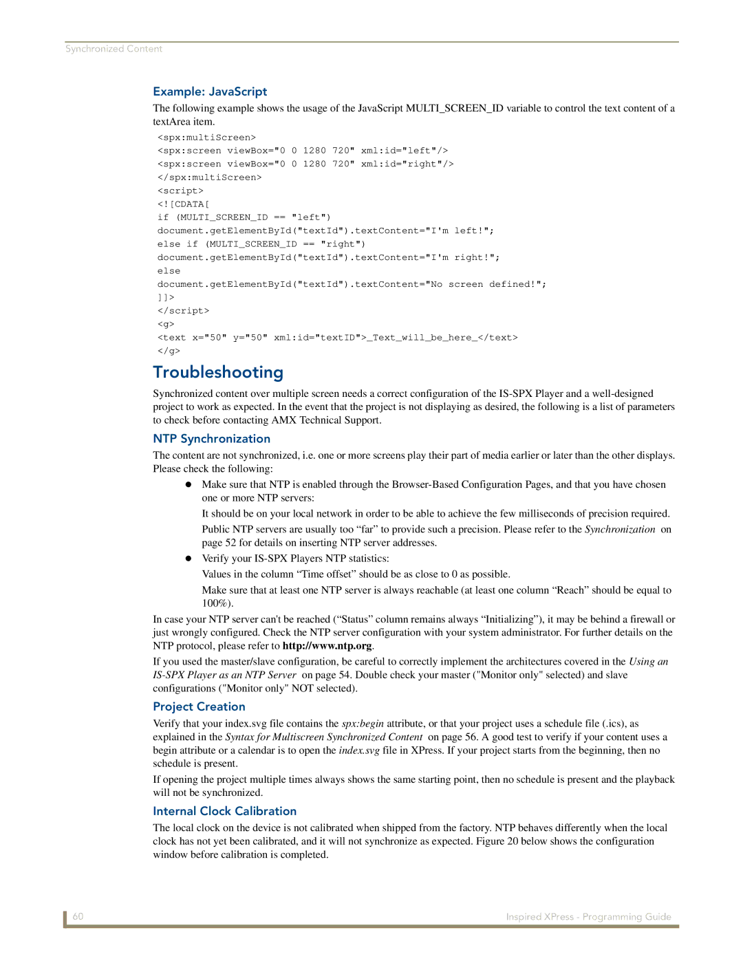 AMX IS-SPX-1000/1300 manual Troubleshooting, Example JavaScript, NTP Synchronization, Project Creation 