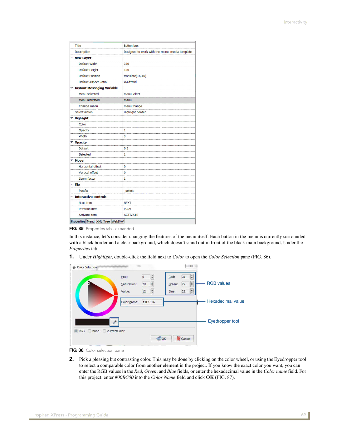 AMX IS-SPX-1000/1300 manual RGB values Hexadecimal value Eyedropper tool 