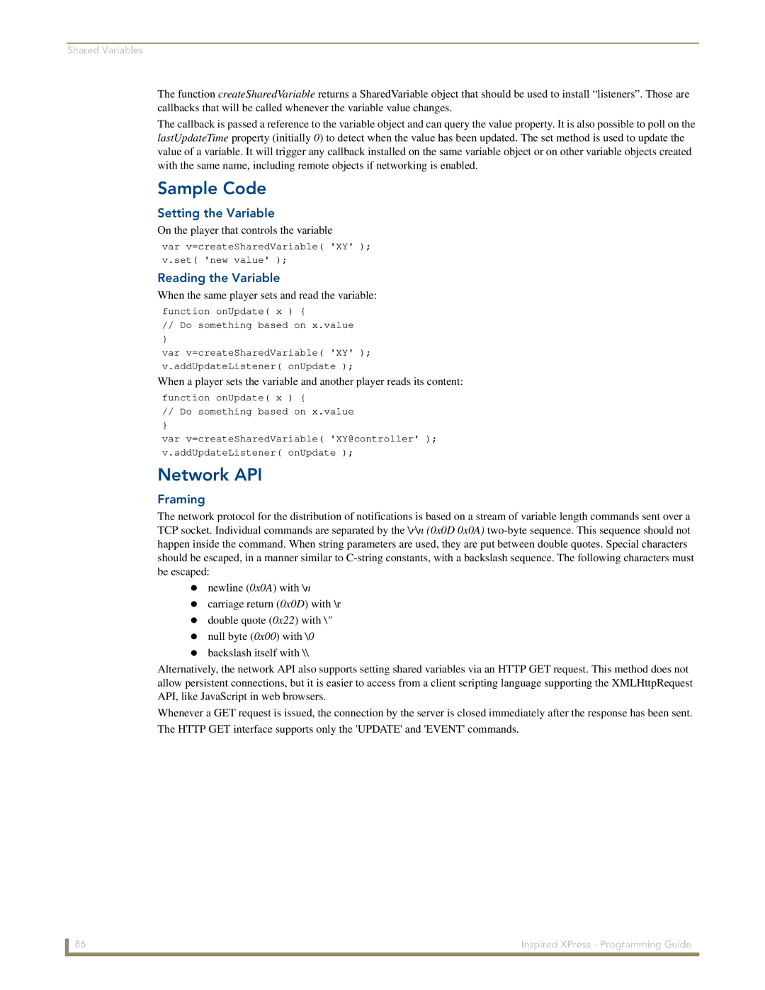 AMX IS-SPX-1000/1300 manual Sample Code, Network API, Setting the Variable, Reading the Variable, Framing 