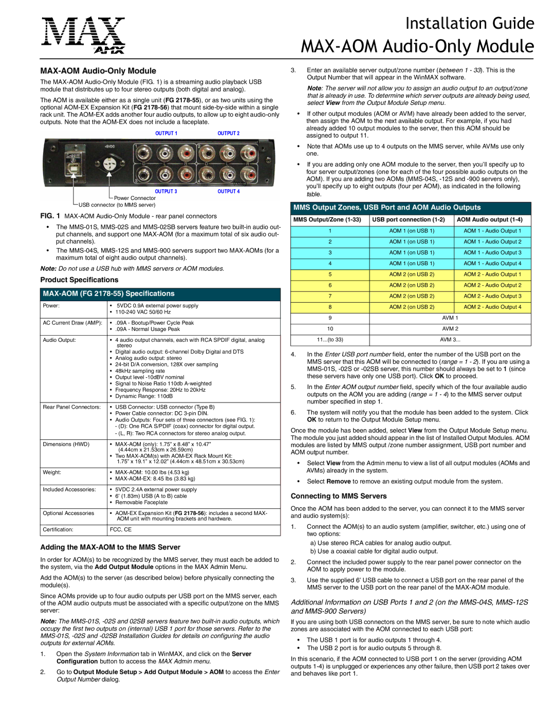 AMX specifications Product Specifications, MAX-AOM FG 2178-55 Specifications, Adding the MAX-AOM to the MMS Server 