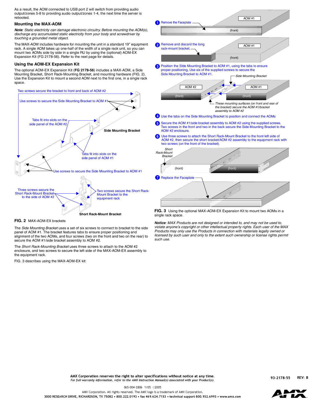 AMX specifications Mounting the MAX-AOM, Using the AOM-EX Expansion Kit 