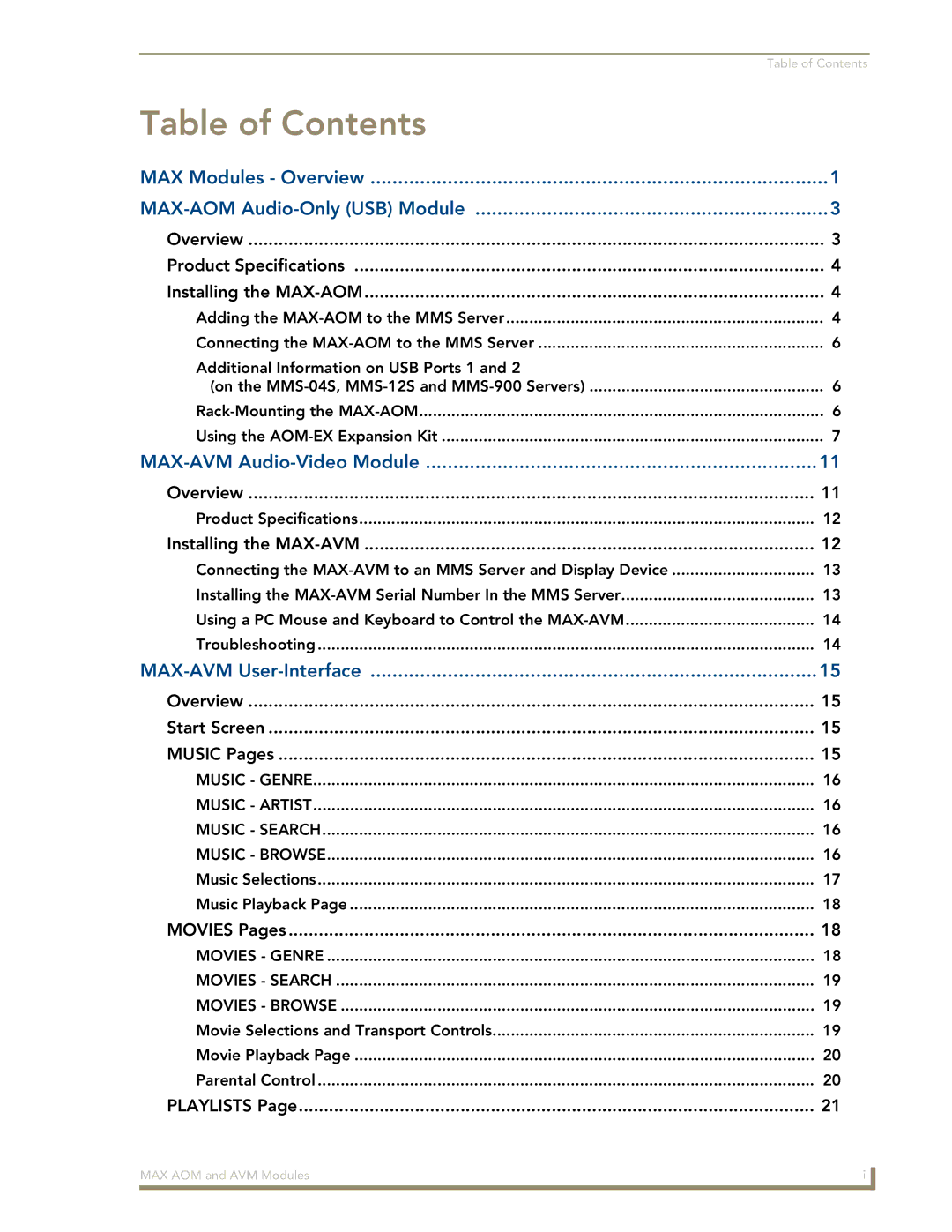 AMX MAX-AVM manual Table of Contents 