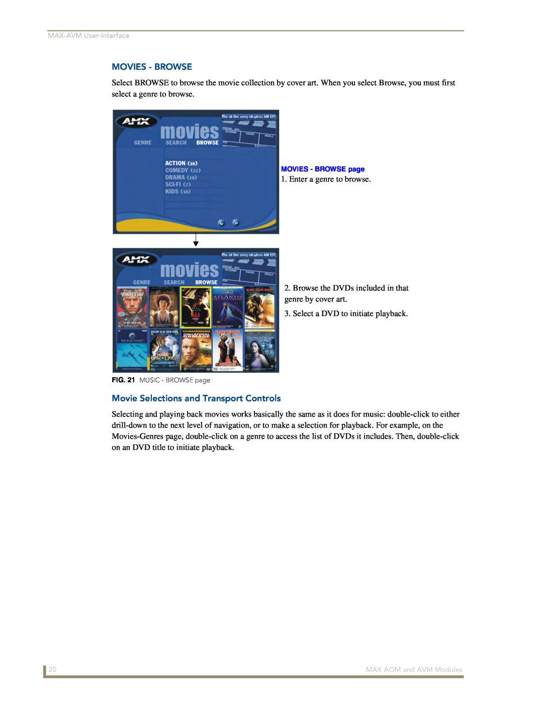 AMX MAX-AVM manual Movies - Browse, Movie Selections and Transport Controls, Enter a genre to browse 