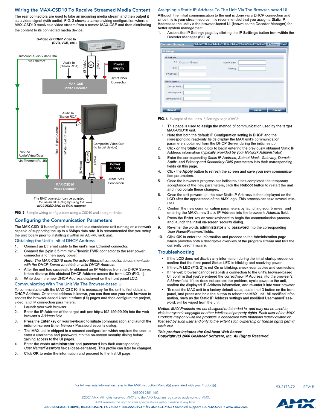 AMX Wiring the MAX-CSD10 To Receive Streamed Media Content, Configuring the Communication Parameters, Troubleshooting 