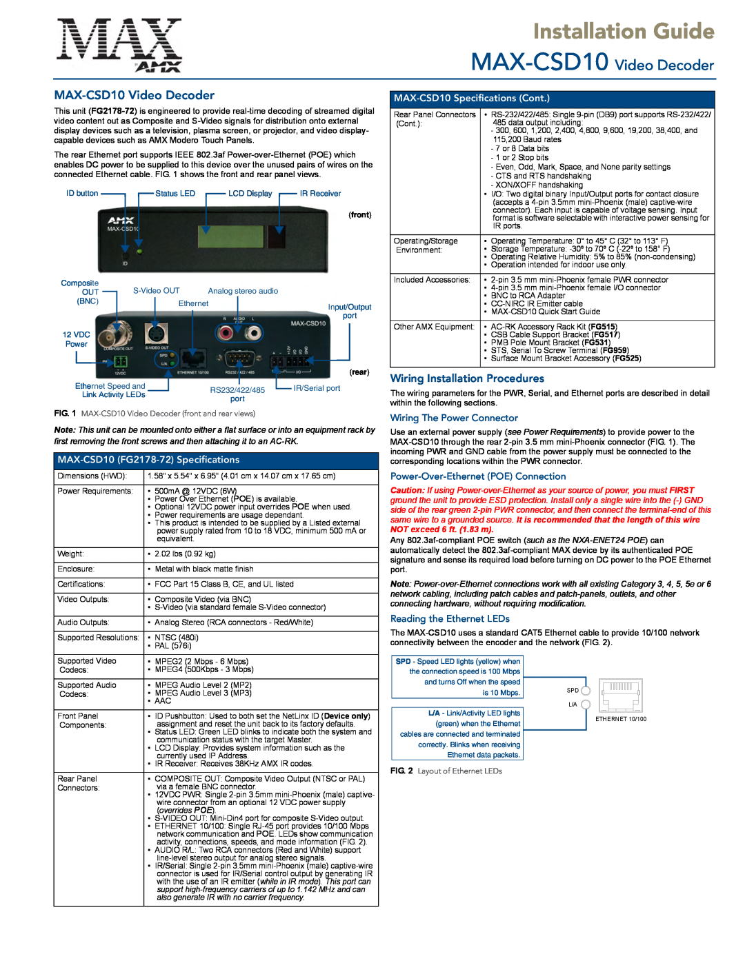 AMX specifications Wiring Installation Procedures, Installation Guide, MAX-CSD10 Video Decoder, MAX-CSD10Video Decoder 