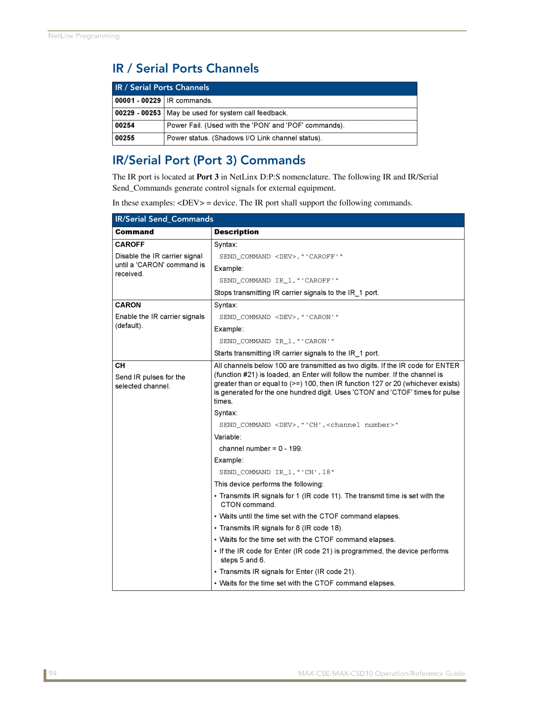AMX MAX-CSE, MAX-CSD 10 manual IR / Serial Ports Channels, IR/Serial Port Port 3 Commands, IR/Serial SendCommands 