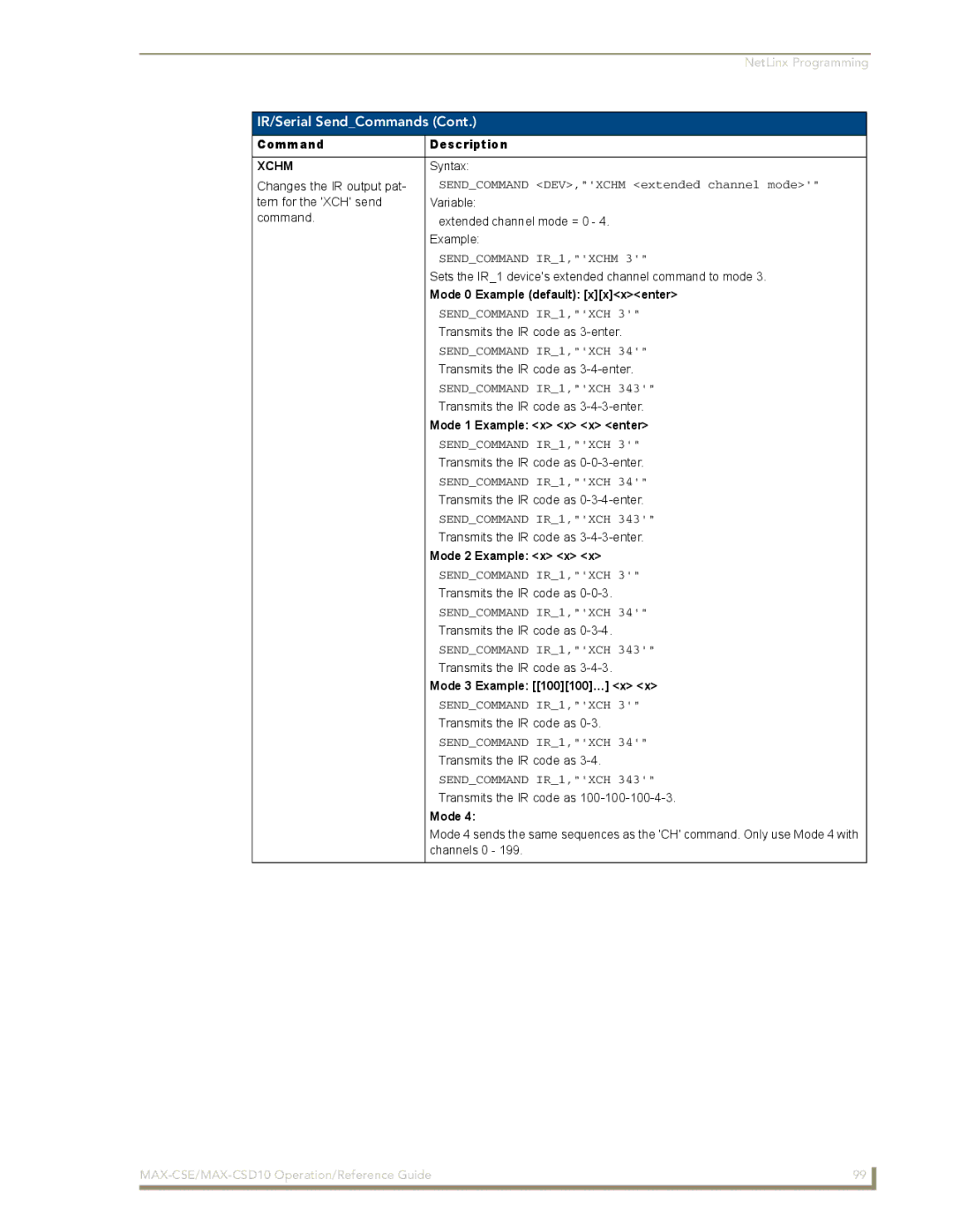 AMX MAX-CSD 10, MAX-CSE manual Xchm, Sendcommand DEV,XCHM extended channel mode, Sendcommand IR1,XCHM 