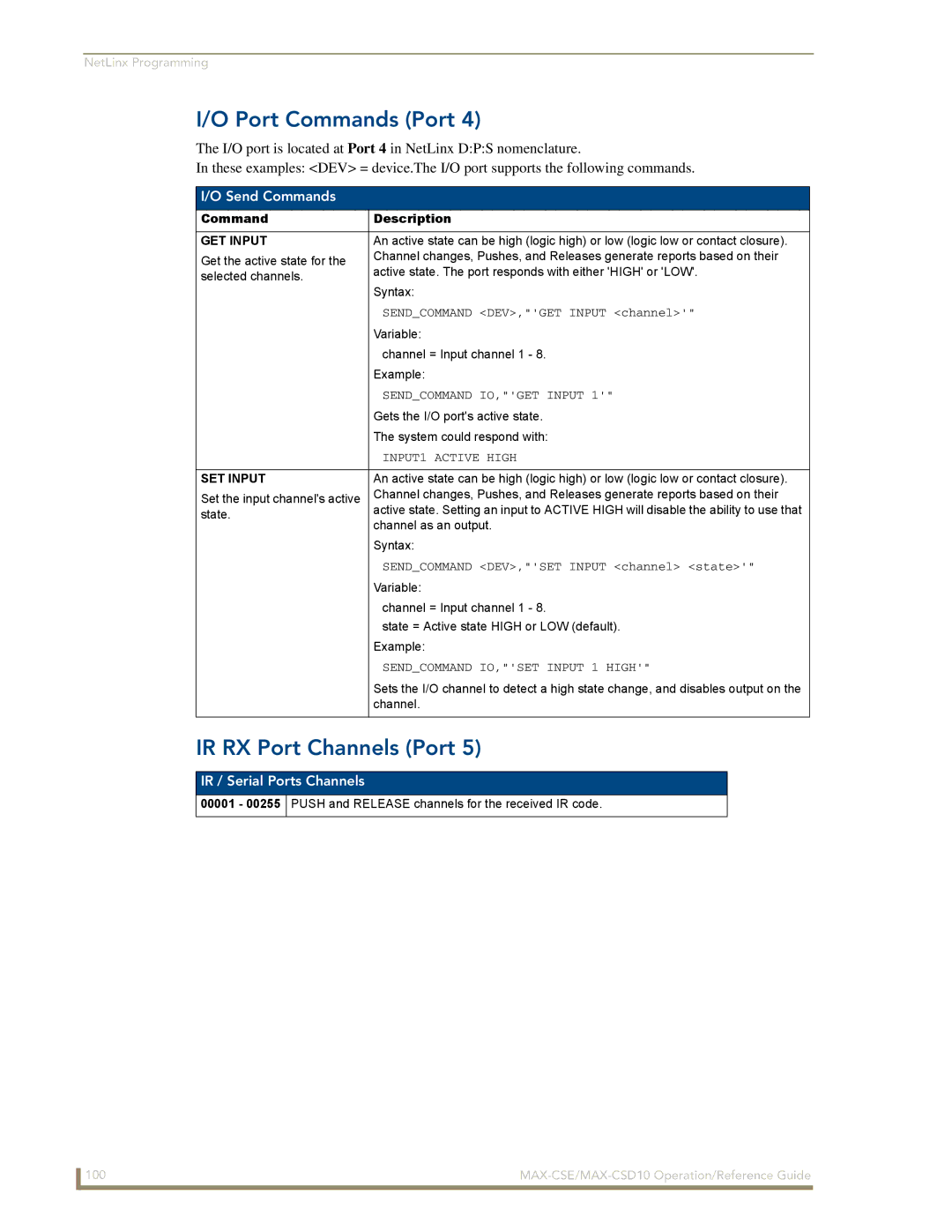 AMX MAX-CSE, MAX-CSD 10 manual Port Commands Port, IR RX Port Channels Port, Send Commands, GET Input, SET Input 