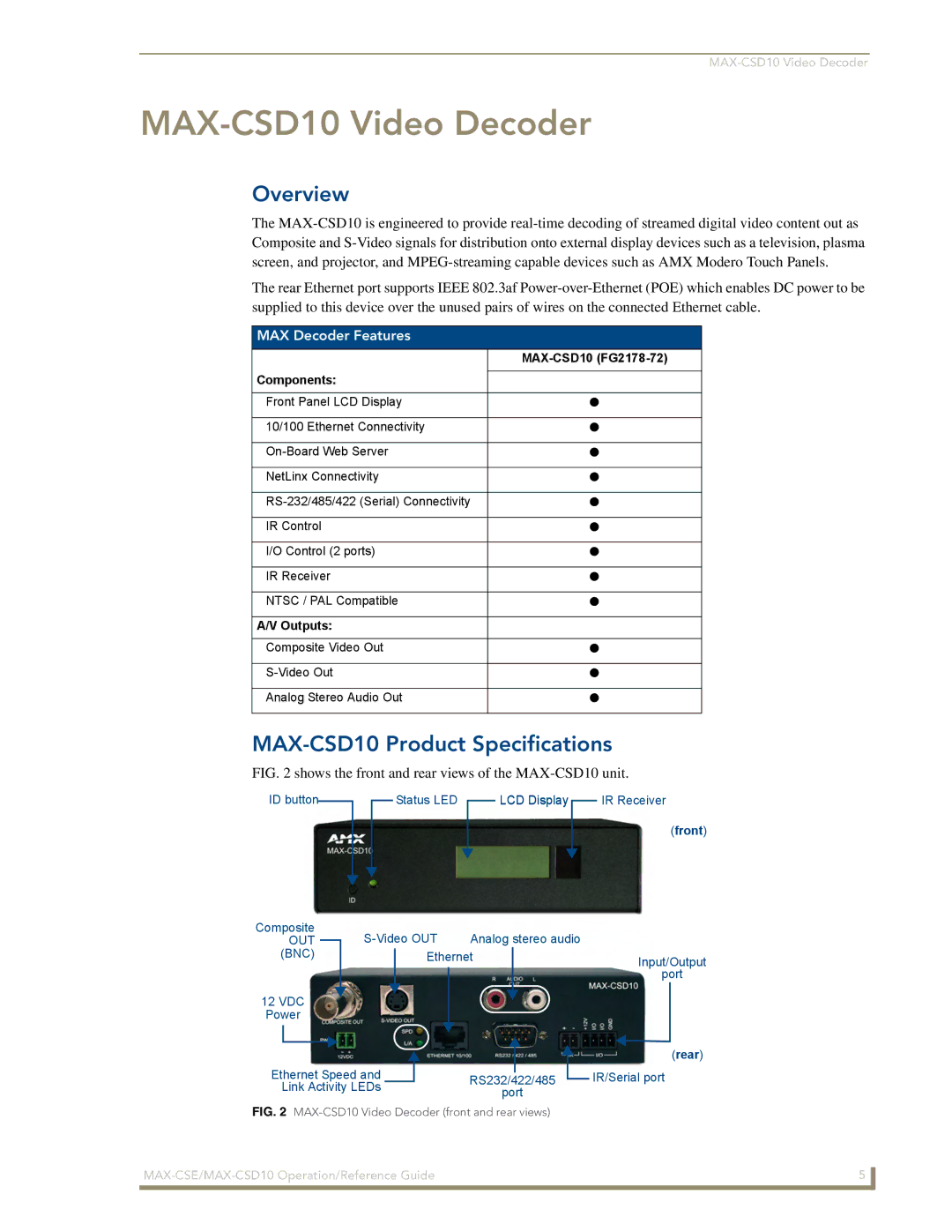 AMX MAX-CSD 10, MAX-CSE manual MAX-CSD10 Video Decoder, MAX-CSD10 Product Specifications, MAX Decoder Features, Outputs 