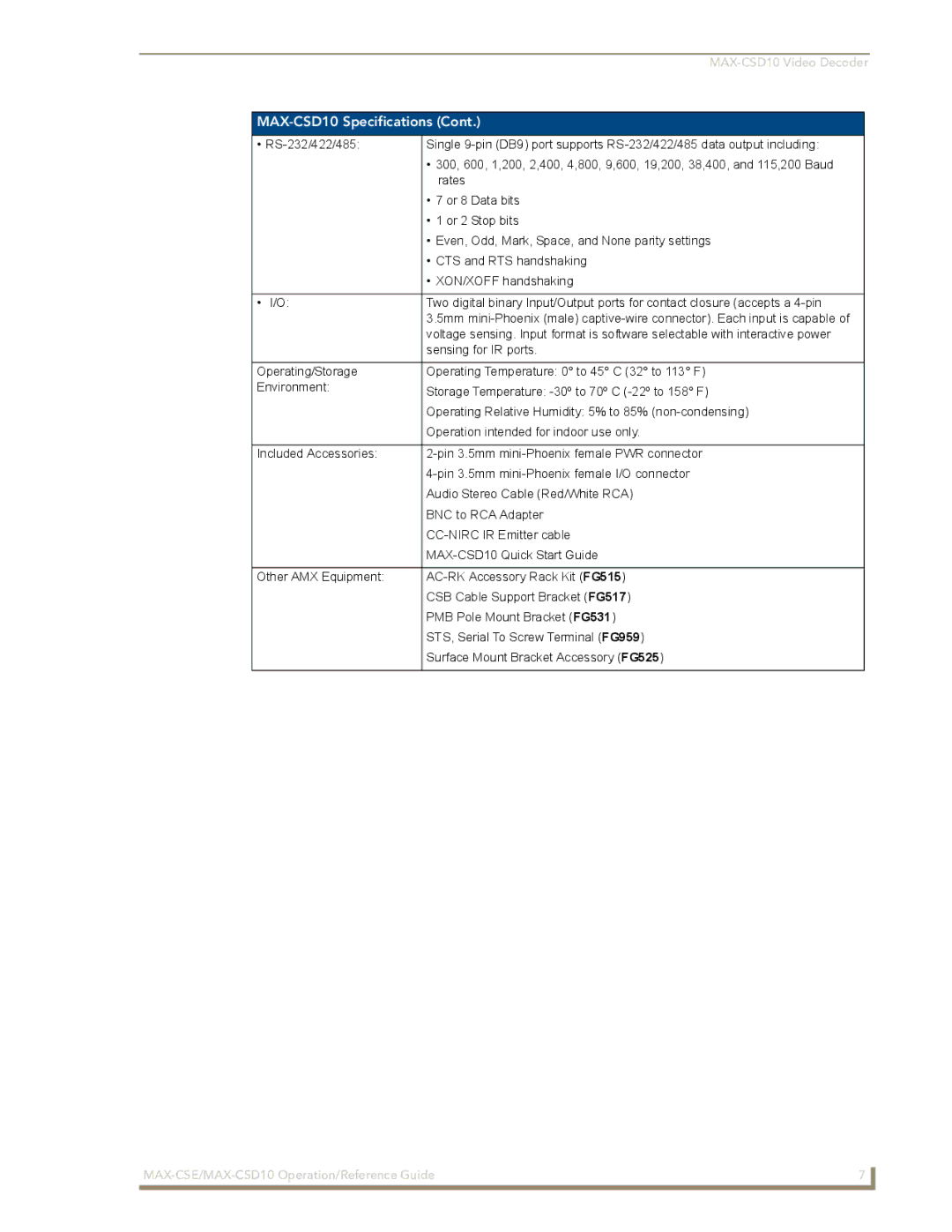 AMX MAX-CSD 10, MAX-CSE manual MAX-CSD10 Specifications 