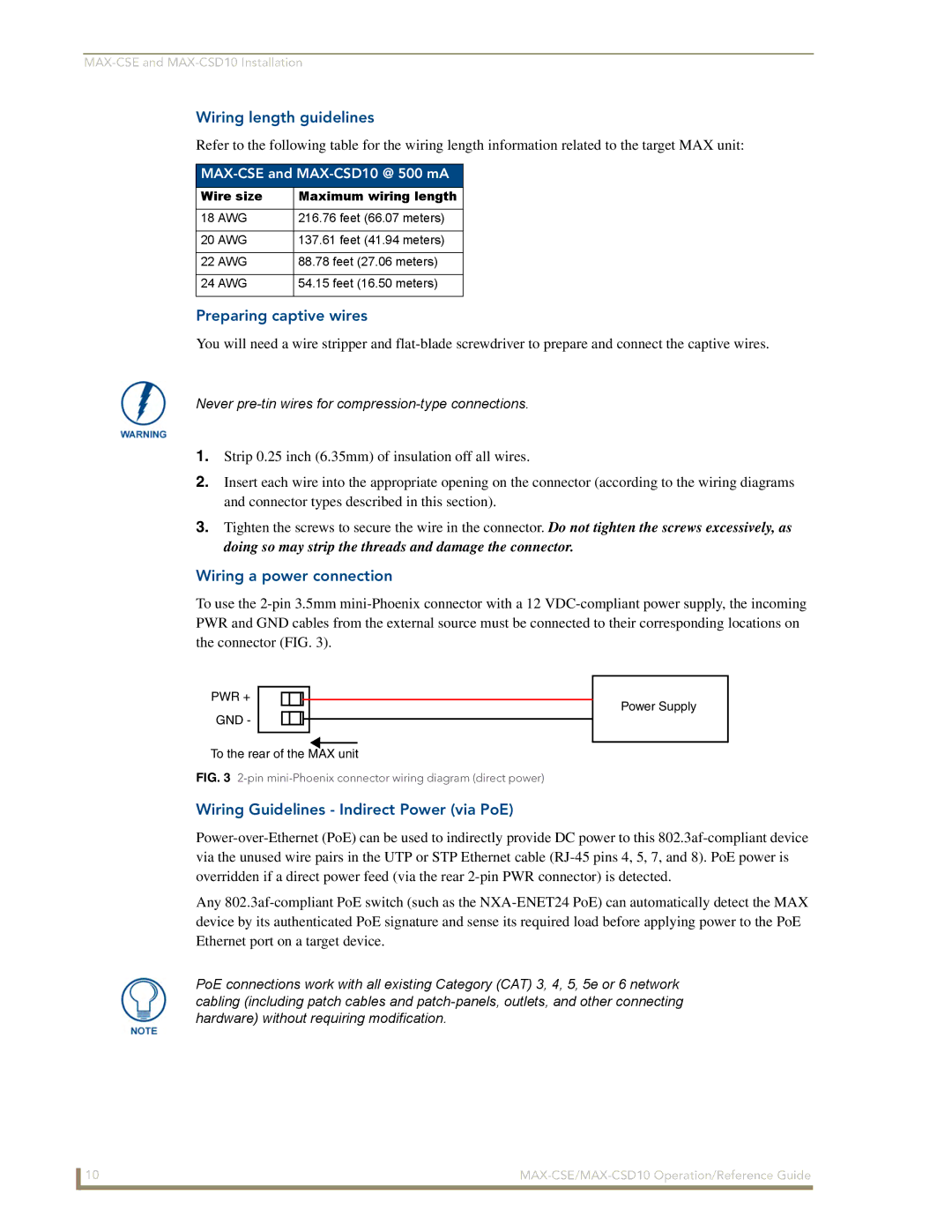 AMX manual Wiring length guidelines, Preparing captive wires, Wiring a power connection, MAX-CSE and MAX-CSD10 @ 500 mA 