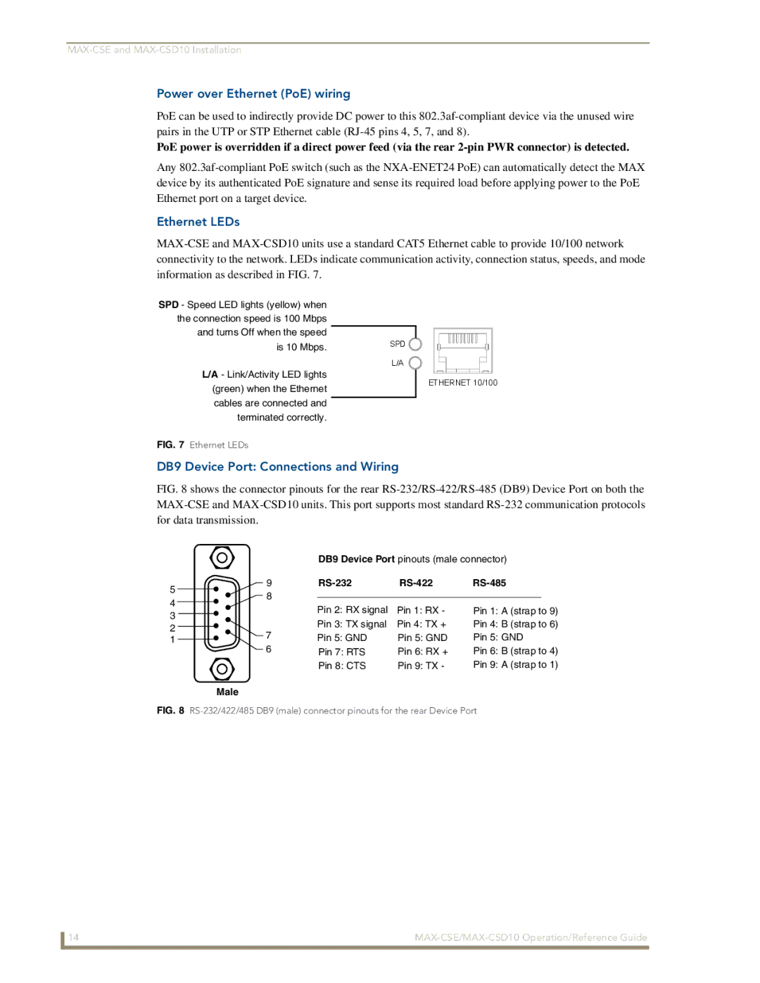 AMX MAX-CSE, MAX-CSD 10 manual Power over Ethernet PoE wiring, Ethernet LEDs, DB9 Device Port Connections and Wiring 