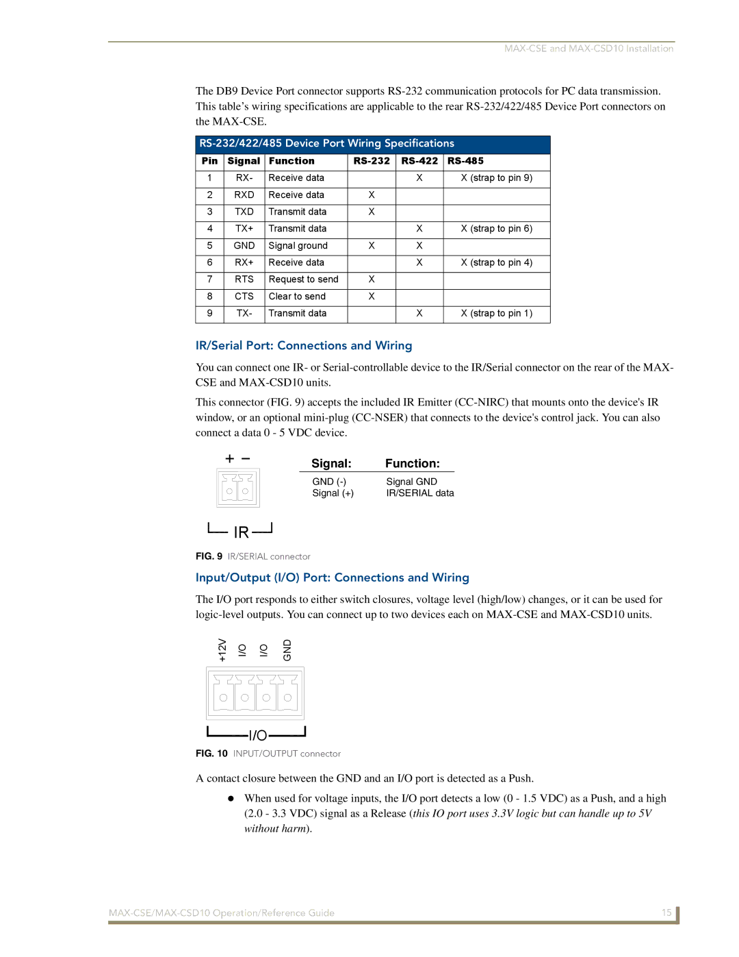 AMX MAX-CSD 10, MAX-CSE manual IR/Serial Port Connections and Wiring, Input/Output I/O Port Connections and Wiring 