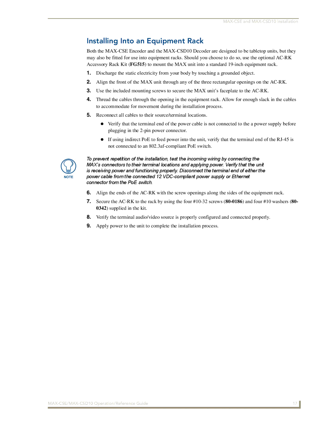 AMX MAX-CSD 10, MAX-CSE manual Installing Into an Equipment Rack 