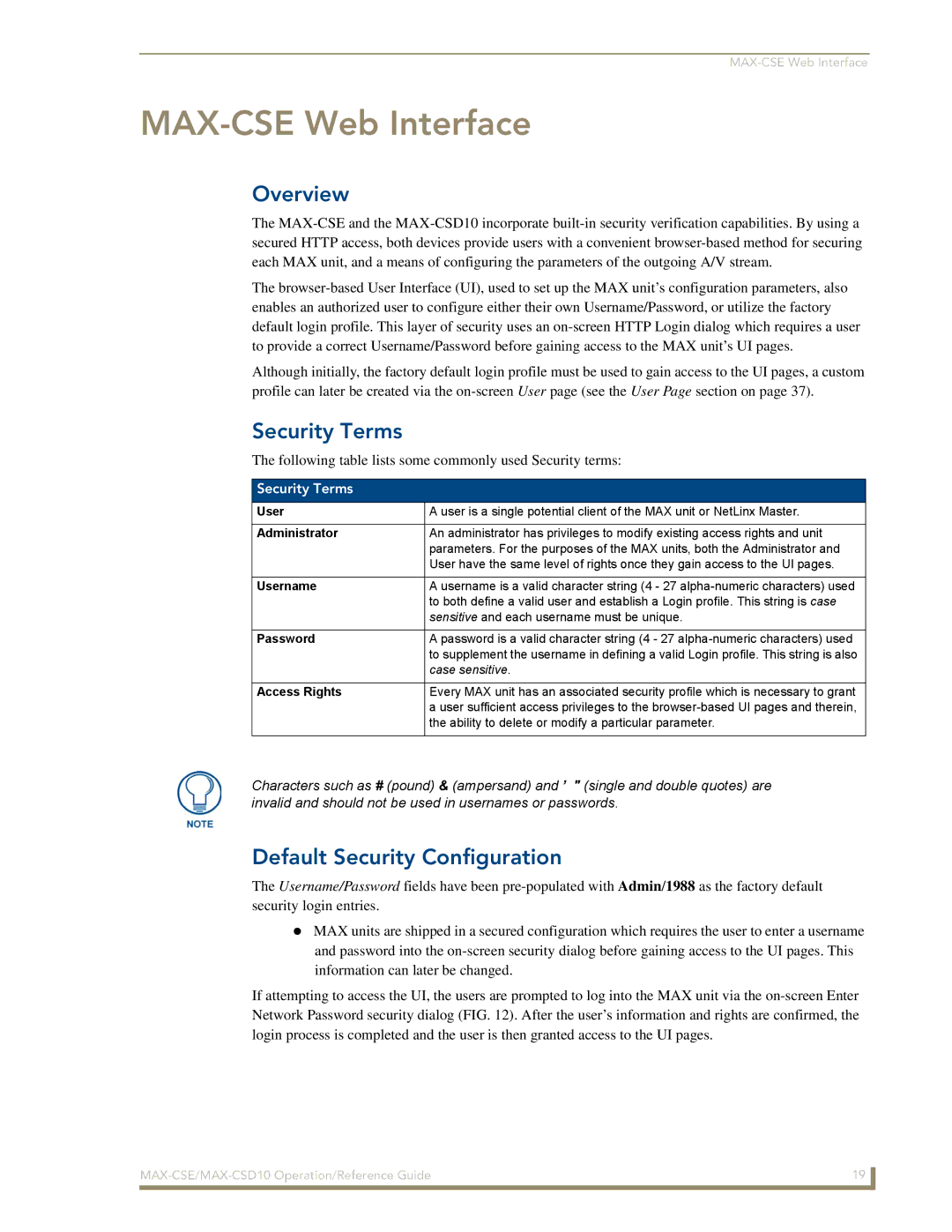 AMX MAX-CSD 10 manual MAX-CSE Web Interface, Security Terms, Default Security Configuration 