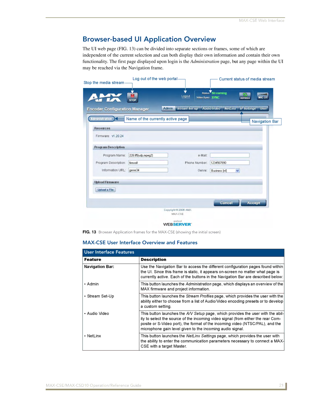 AMX MAX-CSD 10 manual Browser-based UI Application Overview, MAX-CSE User Interface Overview and Features 