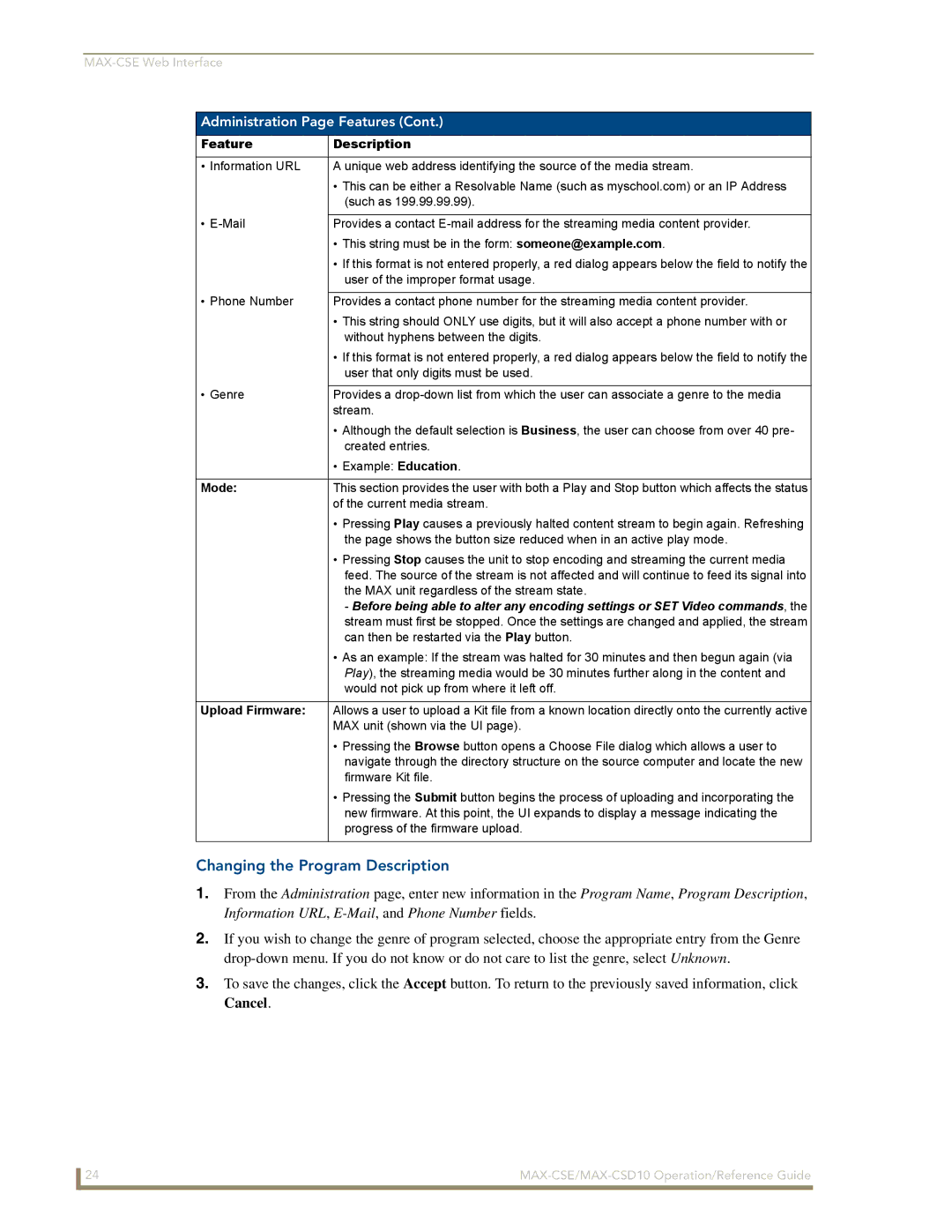 AMX MAX-CSE, MAX-CSD 10 manual Changing the Program Description, Mode, Upload Firmware 