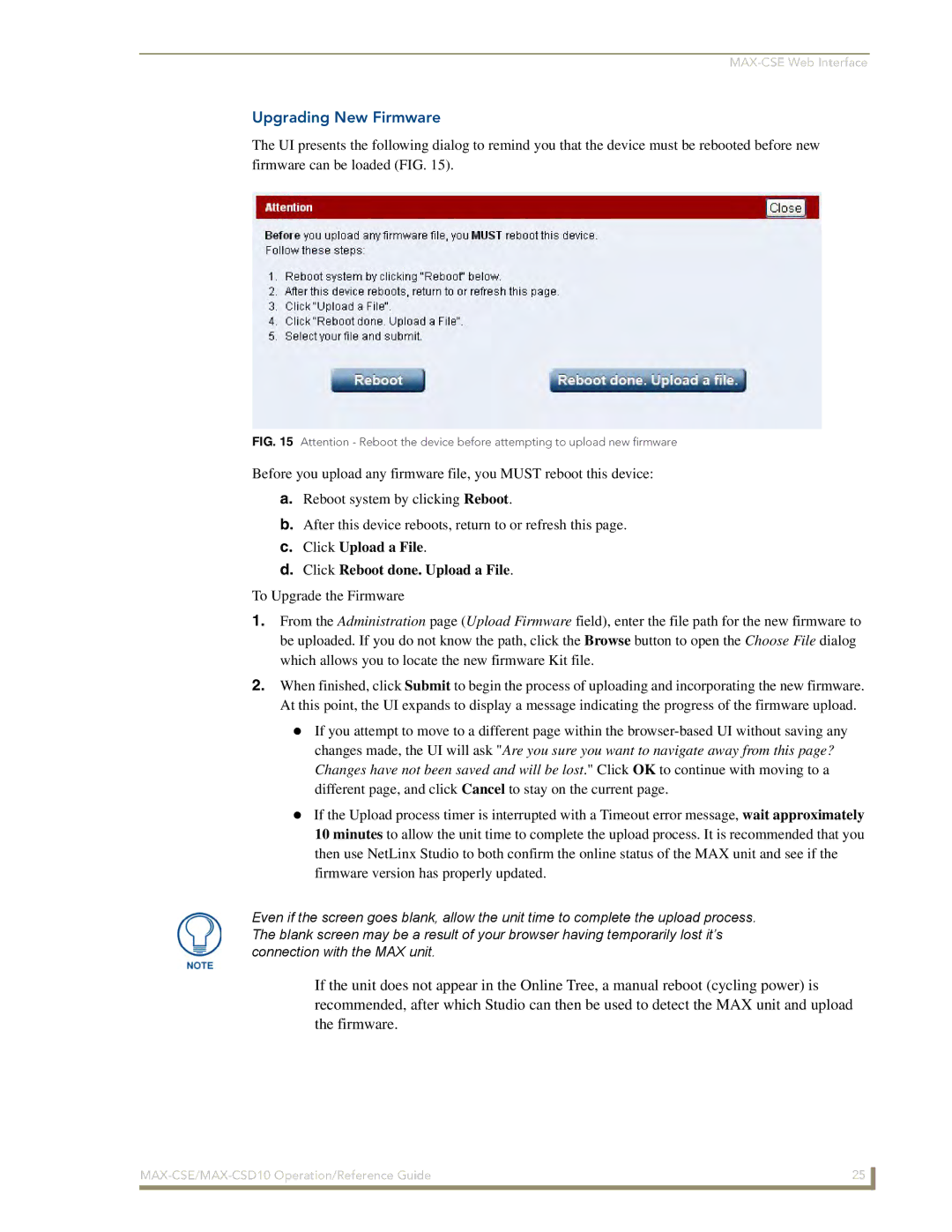 AMX MAX-CSD 10, MAX-CSE manual Upgrading New Firmware, Click Upload a File Click Reboot done. Upload a File 