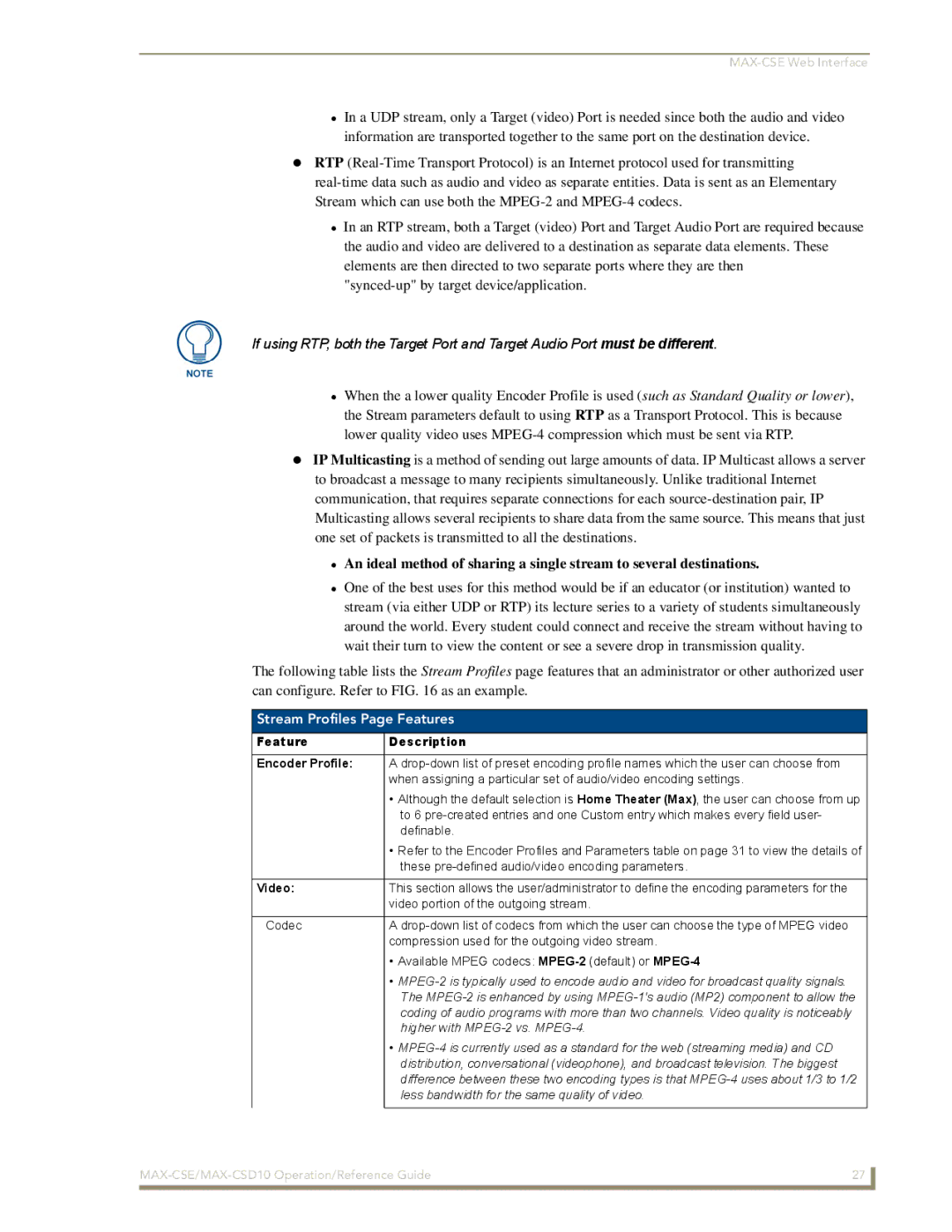 AMX MAX-CSD 10, MAX-CSE manual Stream Profiles Page Features, Feature Description Encoder Profile, Video 