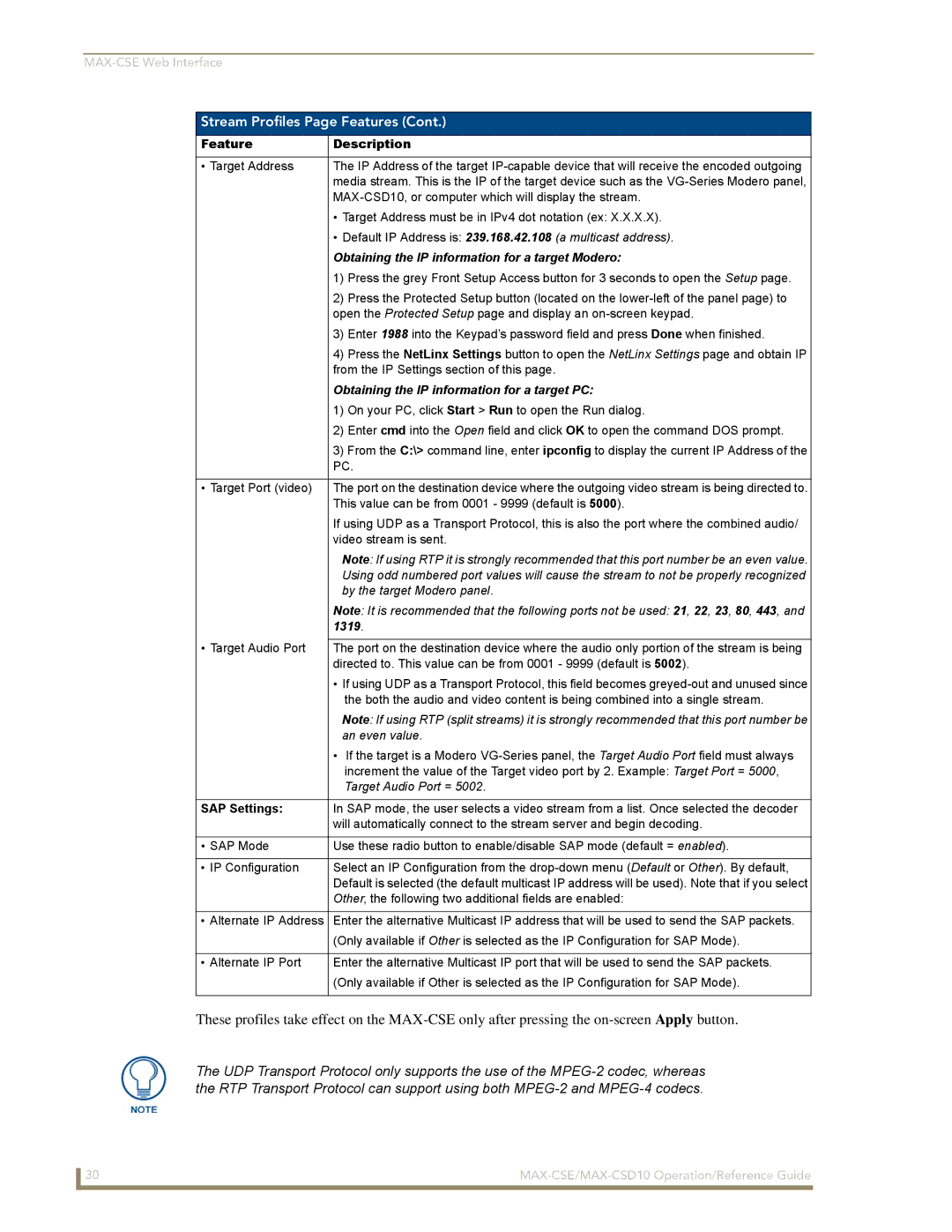 AMX MAX-CSE, MAX-CSD 10 manual Obtaining the IP information for a target Modero, SAP Settings 