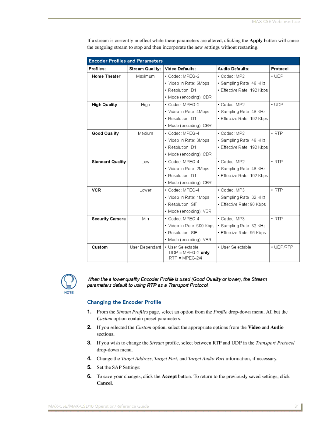 AMX MAX-CSD 10, MAX-CSE manual Changing the Encoder Profile, Encoder Profiles and Parameters, Vcr 