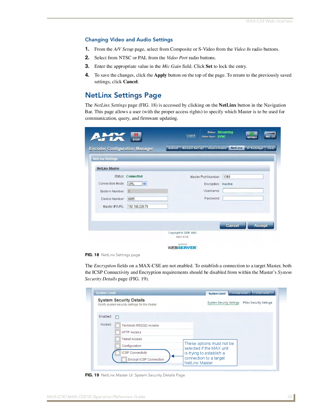 AMX MAX-CSD 10, MAX-CSE manual NetLinx Settings, Changing Video and Audio Settings 